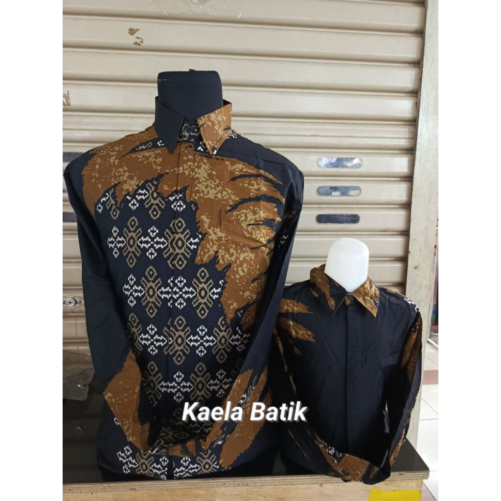 Hitam Coklat Muda, Batik Couple Ayah Dan Anak Lengan Panjang, Lapisan Furing Hero , Batik Couple Kel