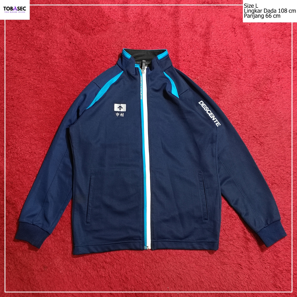 Jacket Tracktop Full zip Descente  warna navy list biru putih Size L