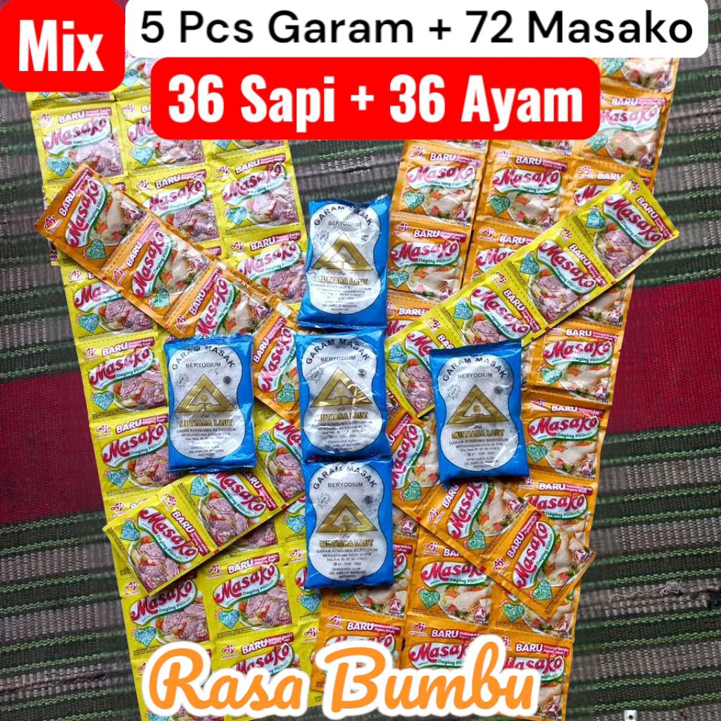 

Mix 5 pcs garam | Masako 36 + 36 (72pcs) ayam sapi masak beryodium cap segiti mas teknologi modern + Masako 72 mix Pcs daging pilihan bumbu rasa baru sapi ayam