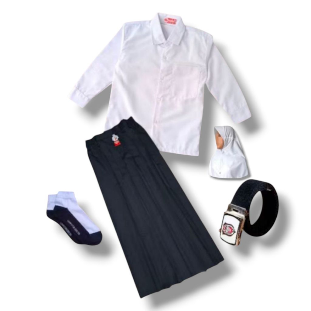 setelan seragam sekolah  anak perempuan SD MI putih hitam baju putih polos panjang rok hitam panjang