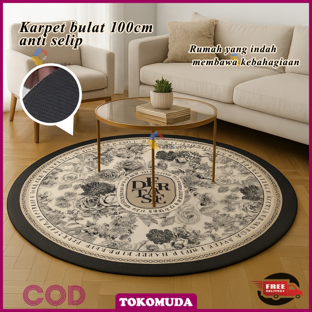TOkomuda Karpet Ruang Tamu Diameter 100Cm Bulat Bunga Karpet lantai bulat Karpet Ruang tamu Dekorasi
