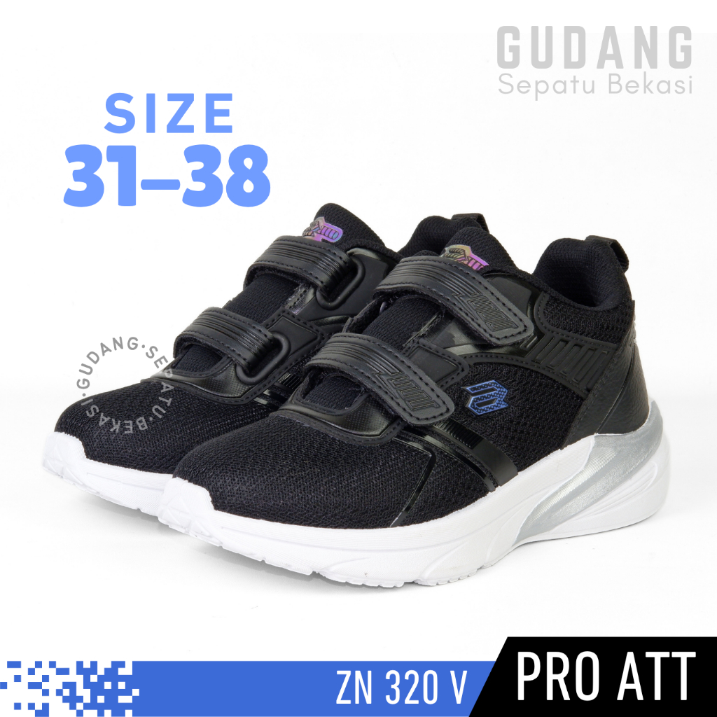 Sepatu Sneakers Sekolah Anak Laki Perempuan PRO ATT Perekat SD Kelas 1-6 Hitam Putih Polos ZN 320 V