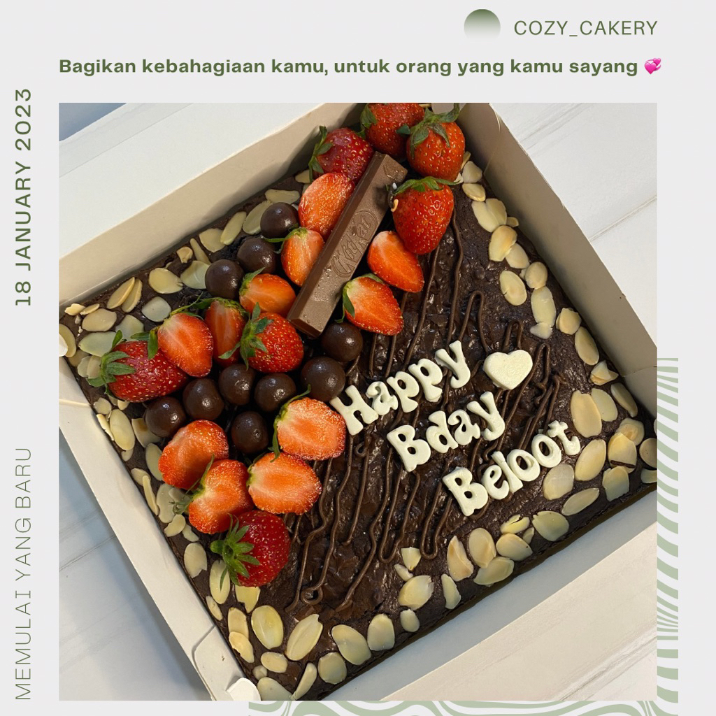 

Fudgy brownies cozy cakery kue ulang tahun stoberry keju almond kitkat custom huruf ready tangerang jakarta bisa potong 25 sekat 30 sekat
