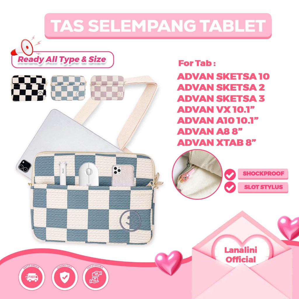 Tas Tablet Selempang Strap Advan Tab Sketsa 3 2 1 A10 A8 Xtab VX Belajar Plus Elite 7 X7 Pro 10.1 In