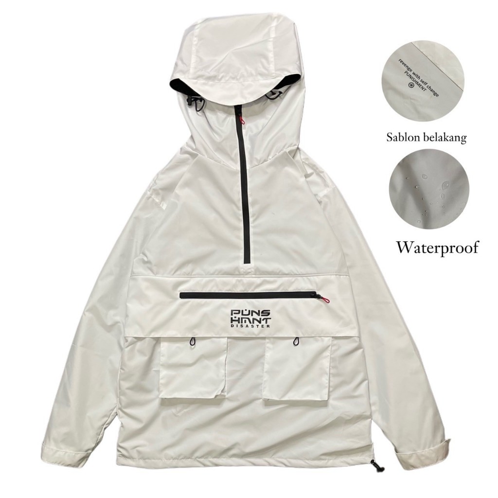 Jaket Waterproof Pria Wanita Gropcore Cagoule Original Punishment Unisex warna Putih