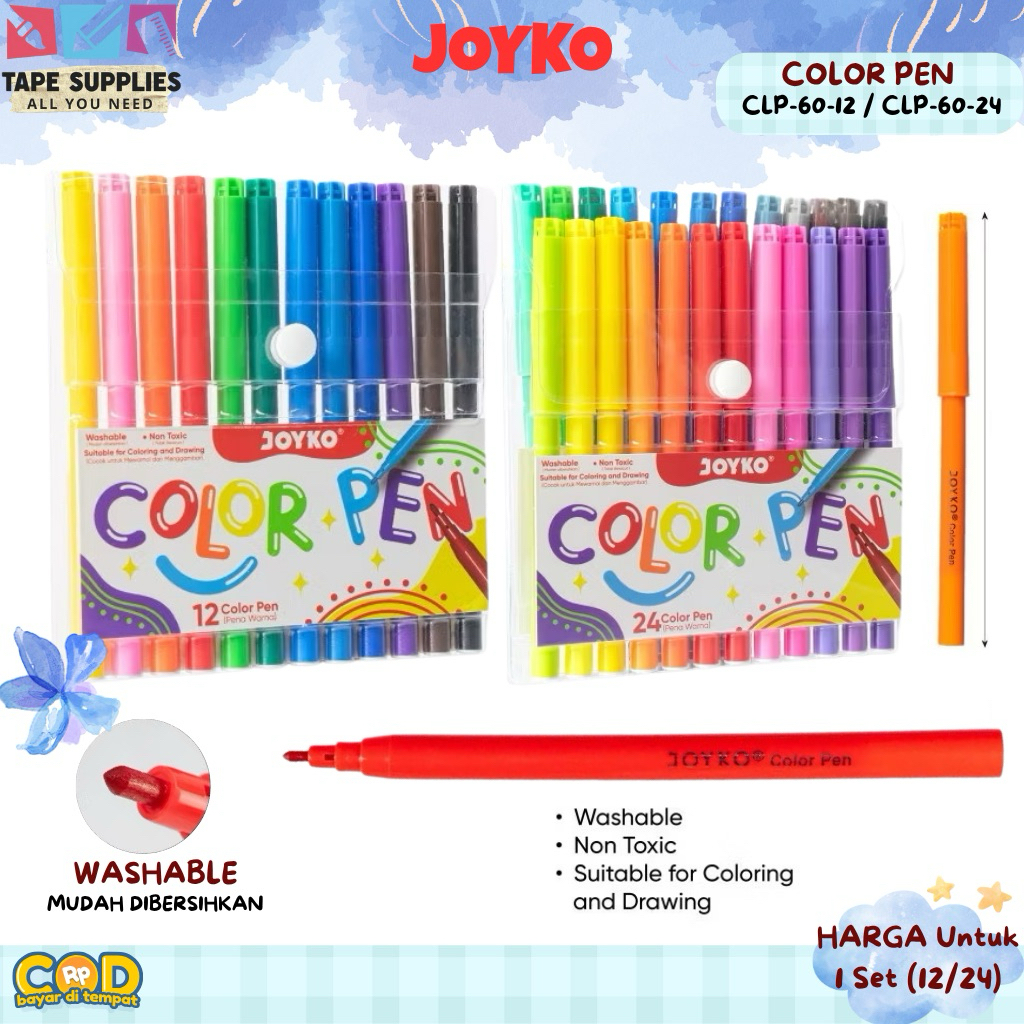 

(Harga MURAH) Joyko Color Pen CLP-60 – Pulpen Warna 12 & 24 Warna, Non-Toxic, Washable, Bullet Tip