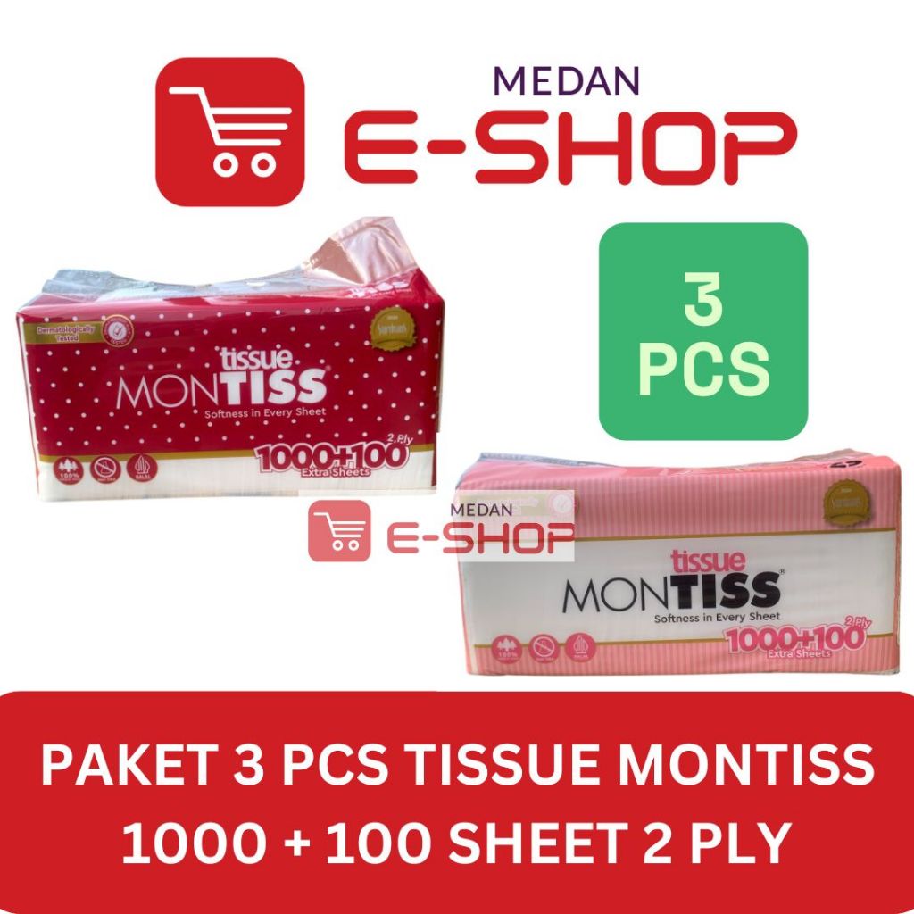 Paket ( 3 Pcs ) Tisu Tissue Montiss muka / wajah / Facial 1000 + 100 / 1100 Sheet 2 ply / 1 kg / kil