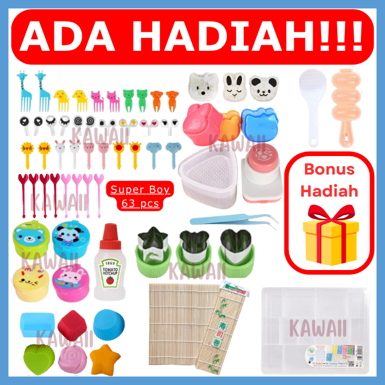 Isi 50 Paket Perlengkapan Bento Anak Set Komplit Bekal Anak Sekolah Cetakan Nasi Bento Bulat Karakte