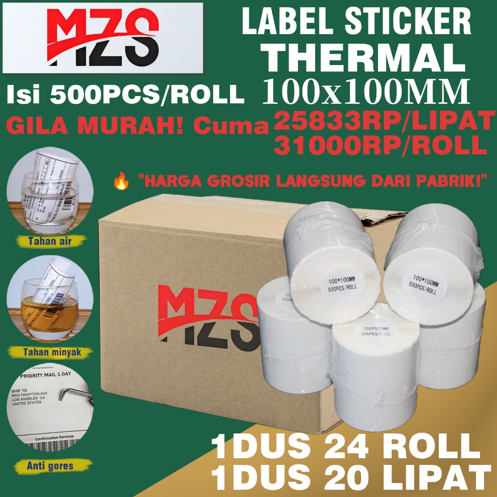 

Kertas Label Thermal 100x100 mm isi 500 Pcs (1dus isi 24 roll ；1dus isi 20 lipat)