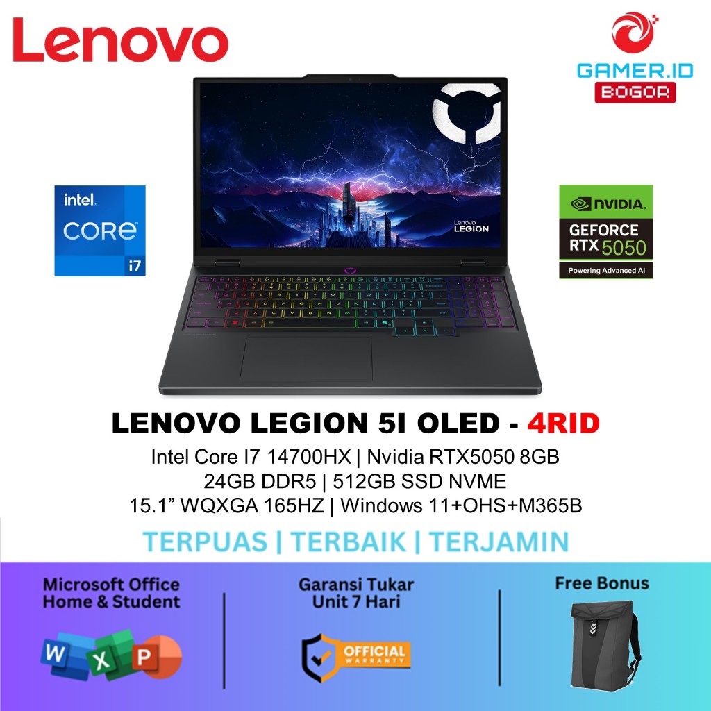 Lenovo Legion 5I Oled I7 14700HX RTX5050 8GB/ 24GB 512GB W11+OHS+M365B 15.1 WQXGA 165HZ 24ZRGB -4RID