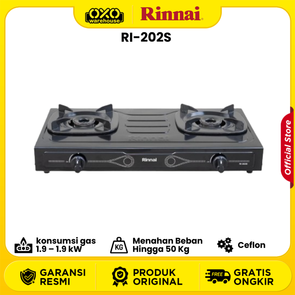 Rinnai Kompor Gas RI-202S – 2 Tungku Sun Burner, Slim & Hemat Gas Garansi Resmi