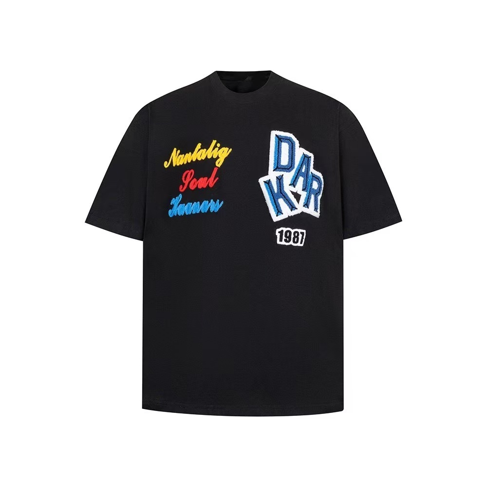 Kaus oblong Amerika lengan pendek bordir kontras warna retro high street yang berat, gaya netral, mu