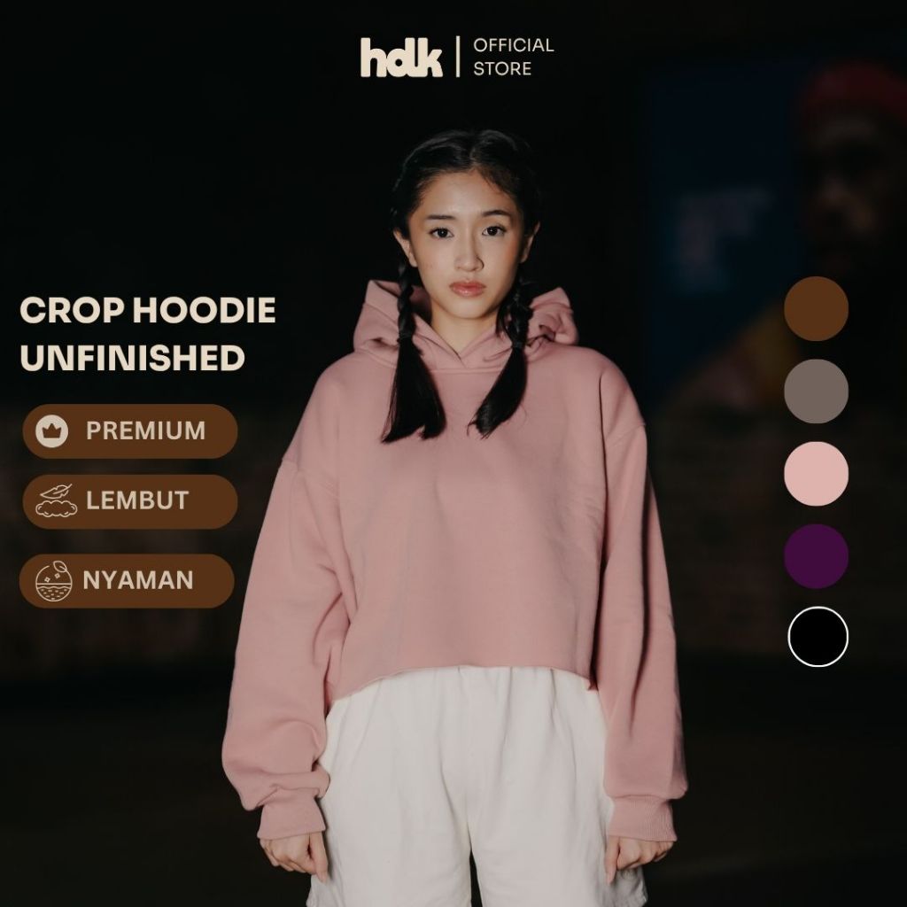 Hoodie Crop Wanita Unfinished Premium Polos | Fleece Tebal & Adem | Lokal Handmade | Dusty Pink - Ho