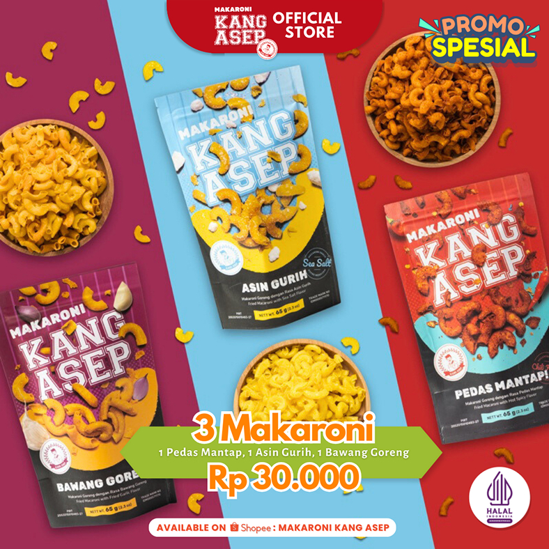 

Paket Hemat Makaroni Kang Asep Pouch Bundle 3 rasa (Pedas, Asin, Bawang goreng) 65g