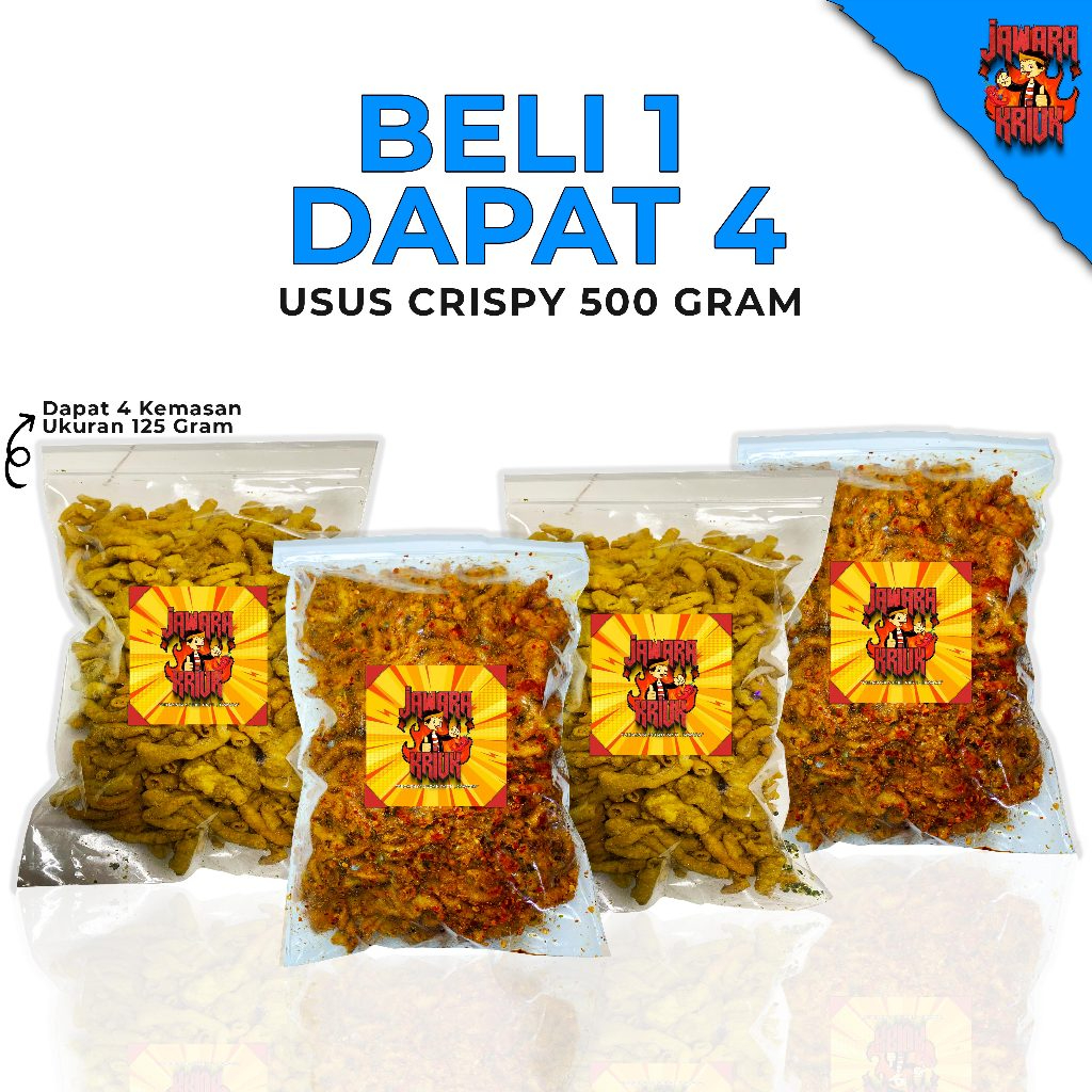 

JAWARAKRIUK - PROMO BELI 2 DAPAT 4 USUS CRISPY 500 Gram Kripik Usus Rasa Original 125gr Pedas 125gr Mix 4 Variant Kripsus