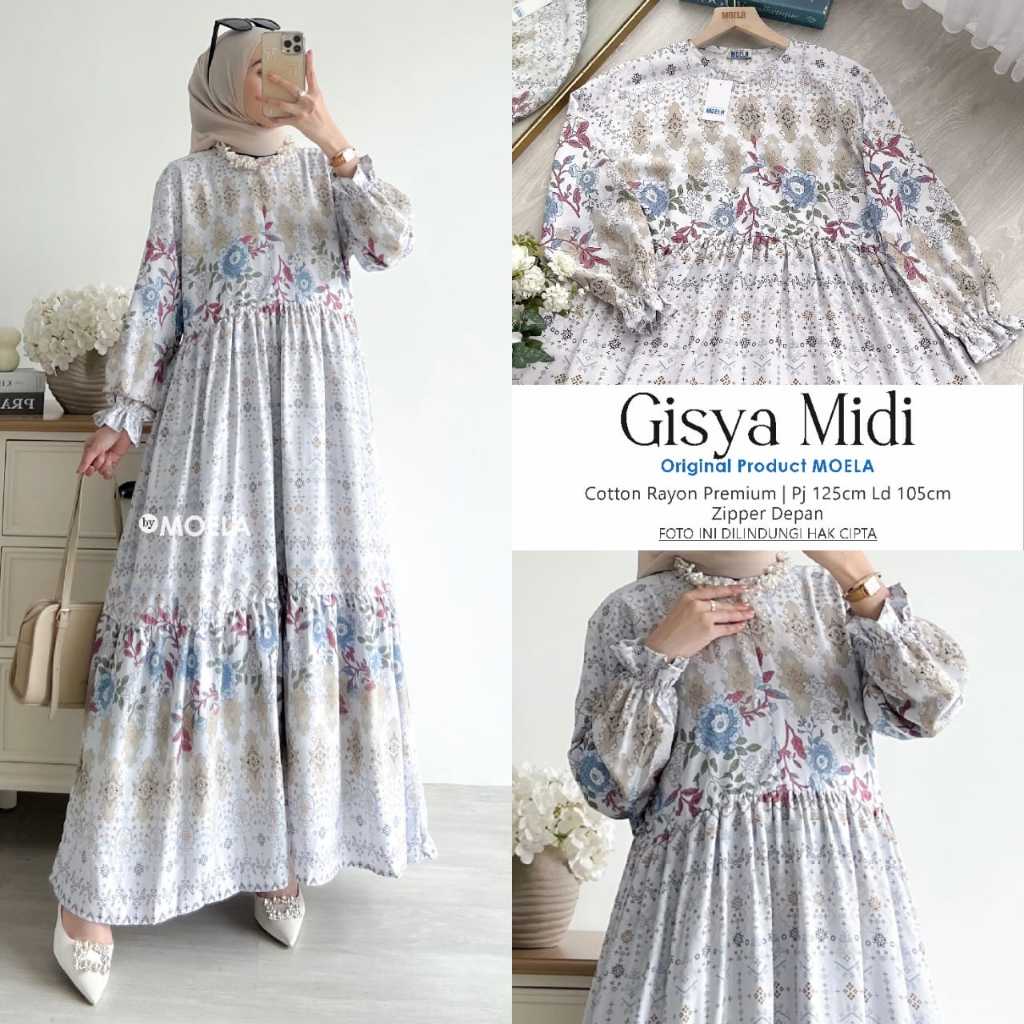 moela gamis wanita kekinian ld 125 kombinasi gisya safti midi motif bunga mat cotton rayon premium
