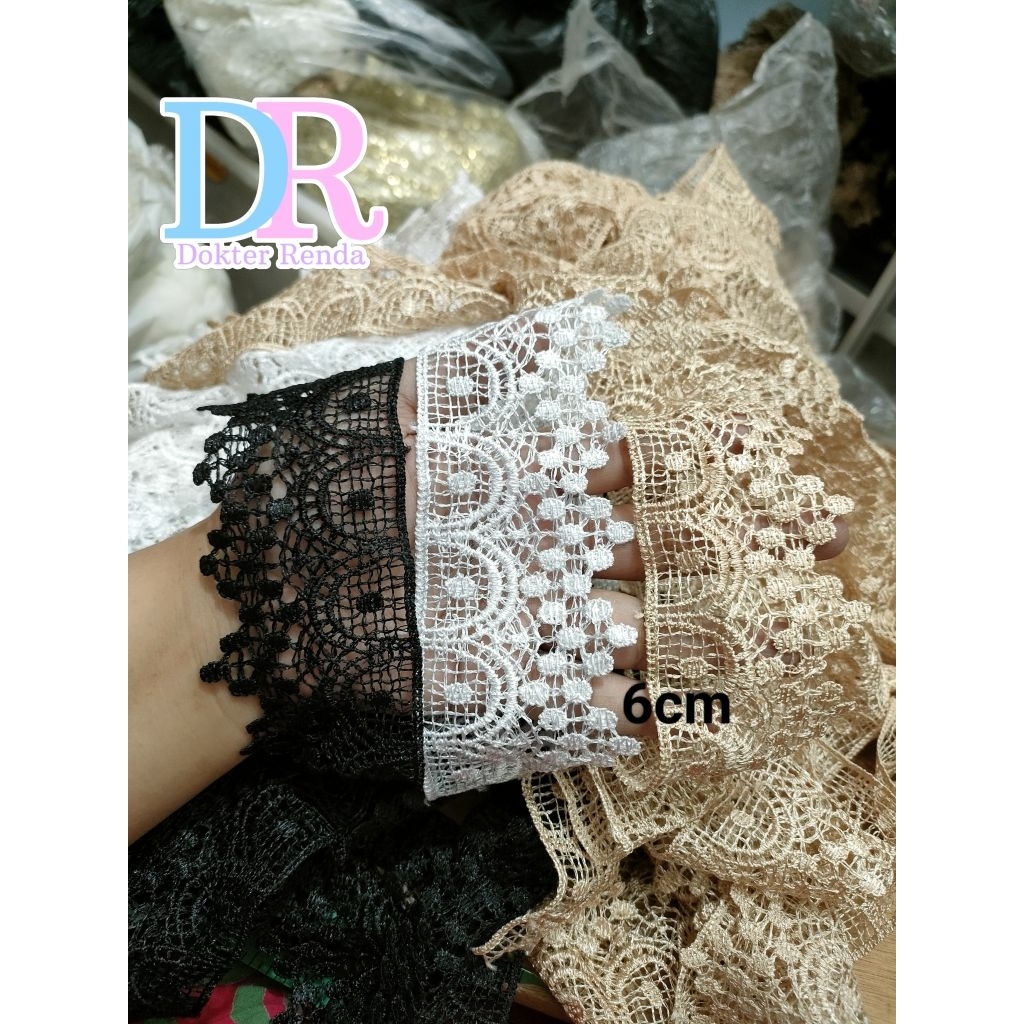 renda giper 6cm hitam, putih, coksu