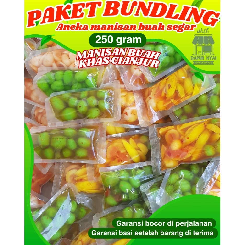 

BUNDLING 250GR MANISAN BUAH, ASINAN BUAH, RUJAK BUAH MANGGA, SALAK, PEPAYA, BENGKOANG, ANGGUR BOGOR/CANAR, KEDONGDONG LOKAL KEDONGDONG BANGKOK DAN MIX/CAMPUR" RASA ORIGINAL DAN PEDAS
