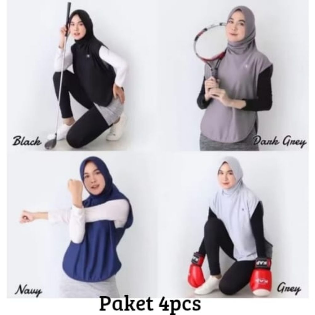 (Paket 4pcs) Hijab Rompi Sporty Panjang Jumbo Jersey Premium Kerudung Instan Syari Olahraga Jogging 