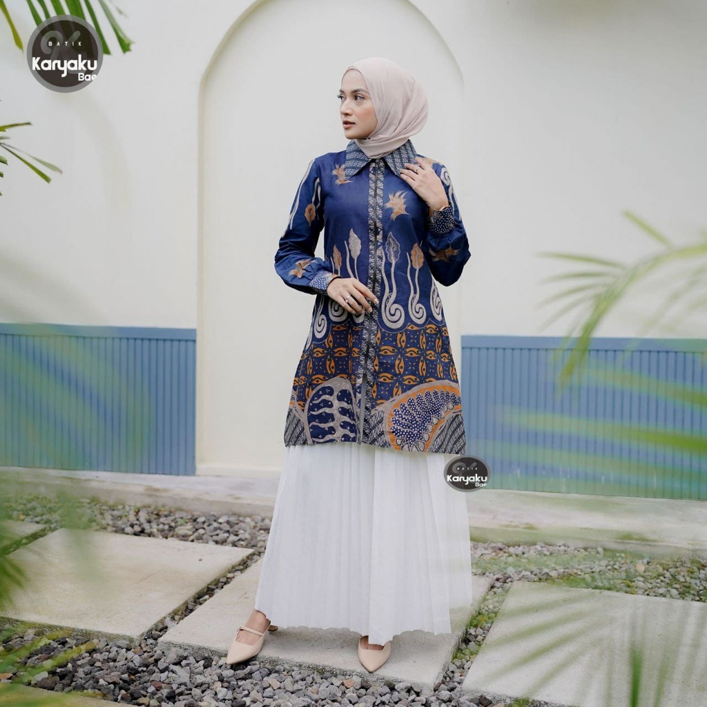 Atasan Batik Muslimah Tunik Batik Wanita Lengan Panjang Syari Modern Kerja Kantor Terbaru C8