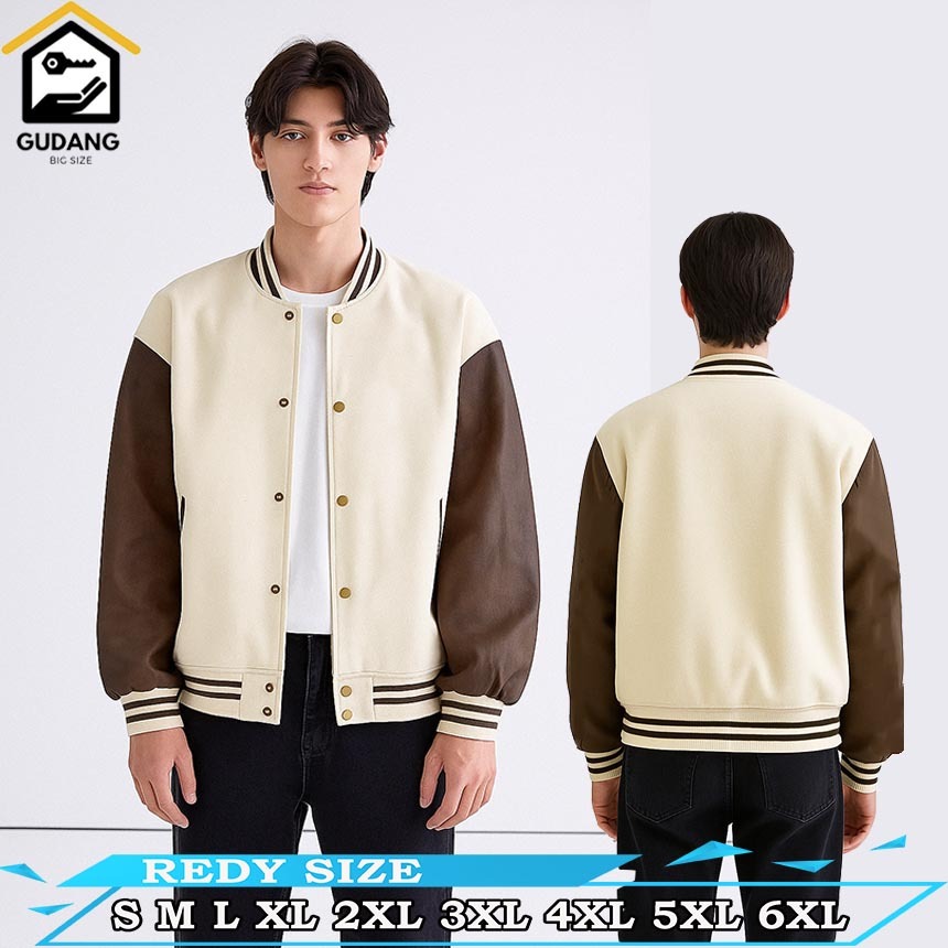 JAKET VARSITY BASEBALL CREAM COKLAT TUA  SIZE S M L XL 2XL 3XL 4XL 5XL 6XL .JAKET BASEBALL VARSITY P