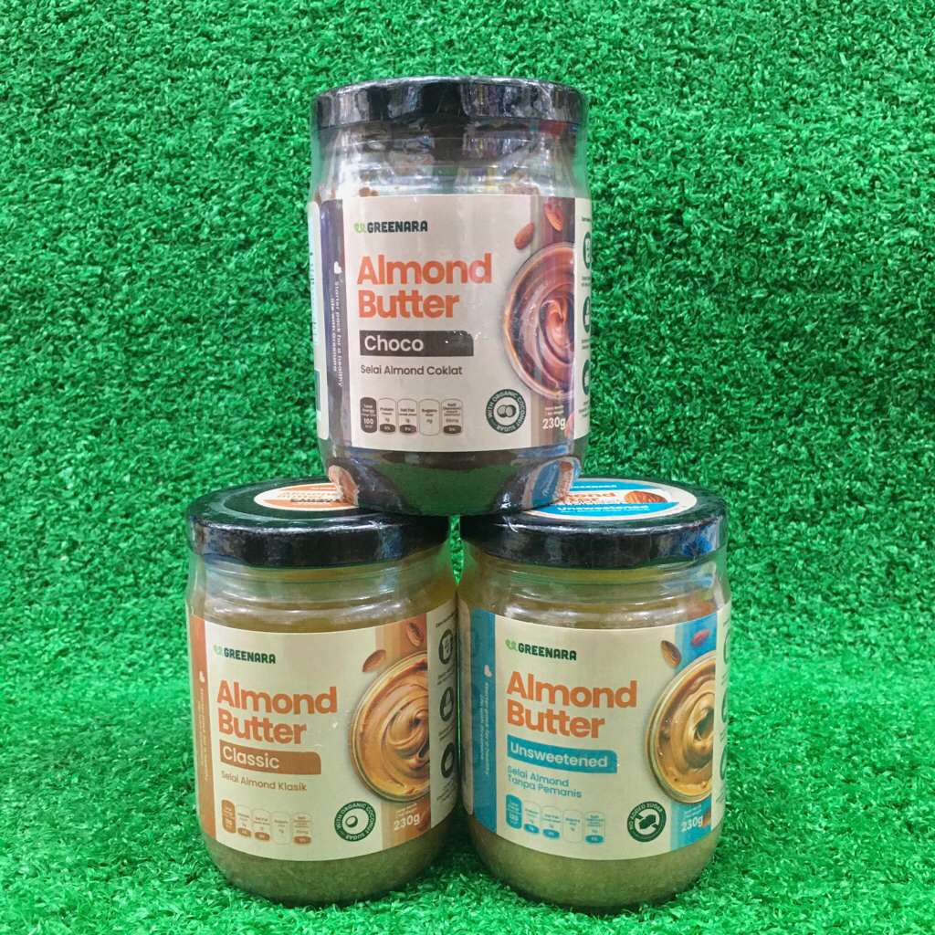 

Greenara Almond Butter Classic / Unsweetened / Choco Selai Almond Klasik / Tanpa Pemanis / Cokelat 230gr Lokal HALAL