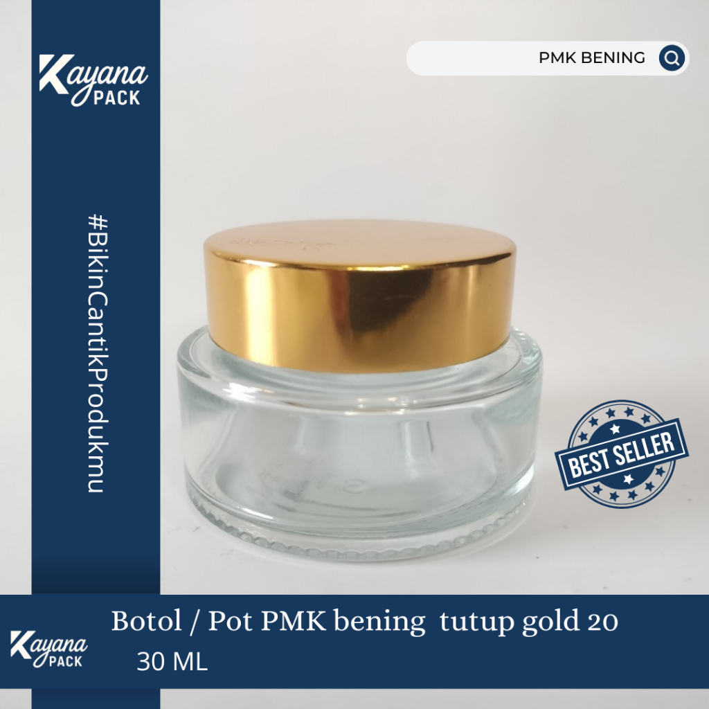 Pot Cream Jar 30 gr Bening Gold PMK Kaca PD Gold atau Silver / PMK Bening 30gr Tutup Silver atau Gol