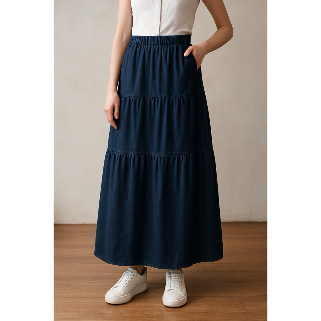 OSEERA | Sasa Skirt / Rok Susun Jeans Panjang / Maxi Layer Skirt / Rok Jeans Susun 3 Panjang Korean 