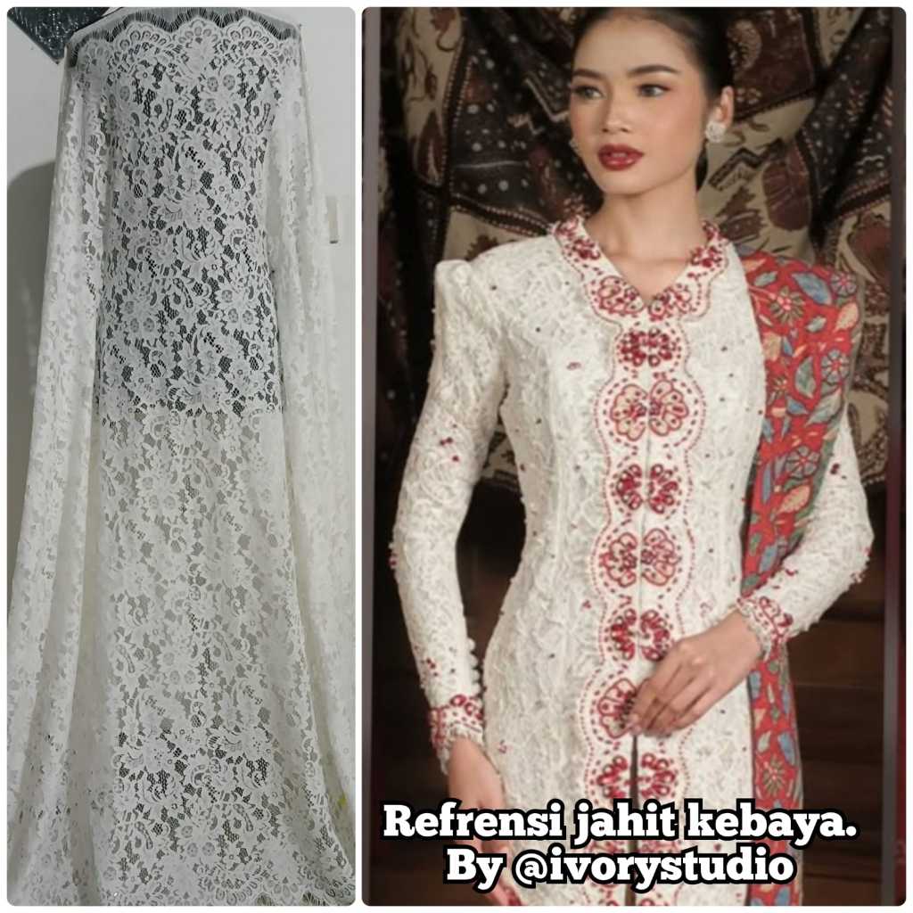 Kain brokat semi perancis motif serian putih 2,5 m x 1,5 m brokat kebaya, brokat bali, brokat medan,