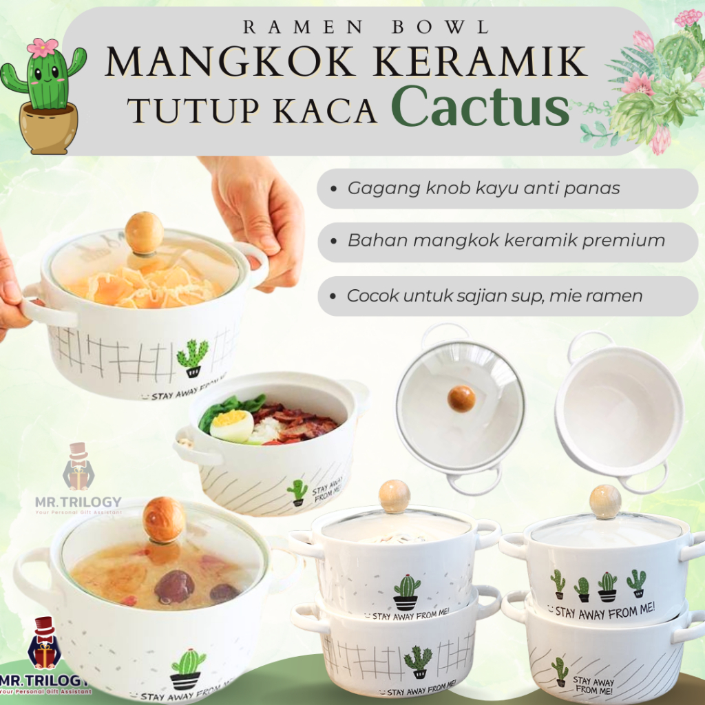 Mangkok Keramik Tutup Kaca Handle Tahan Panas 800ML Mangkok Saji Sop Mie Ramen Korea Aesthetic Cactu