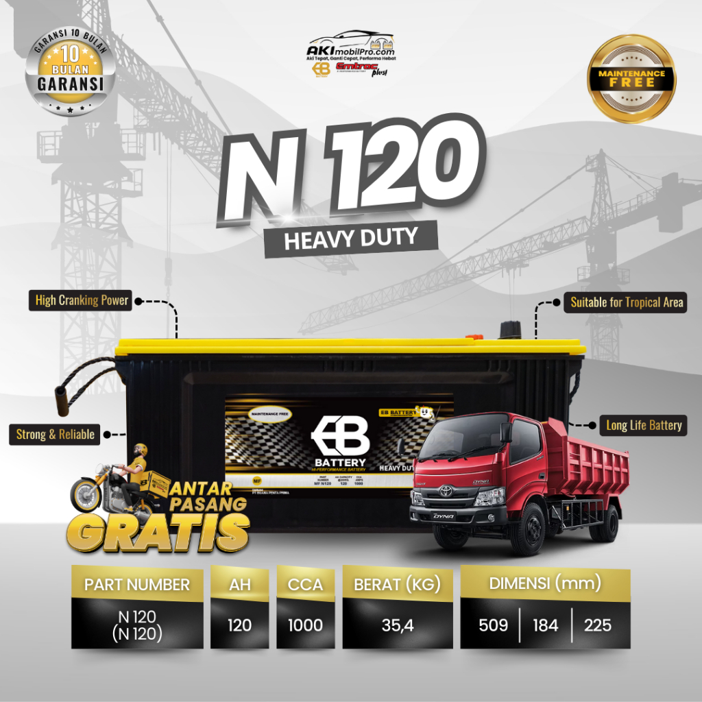 Aki Mobil Truk Hino Dutro | Dump Truk | Nissan Truk | EB BATTERY N120 (N120) 120Ah CCA 1000Amps Keri