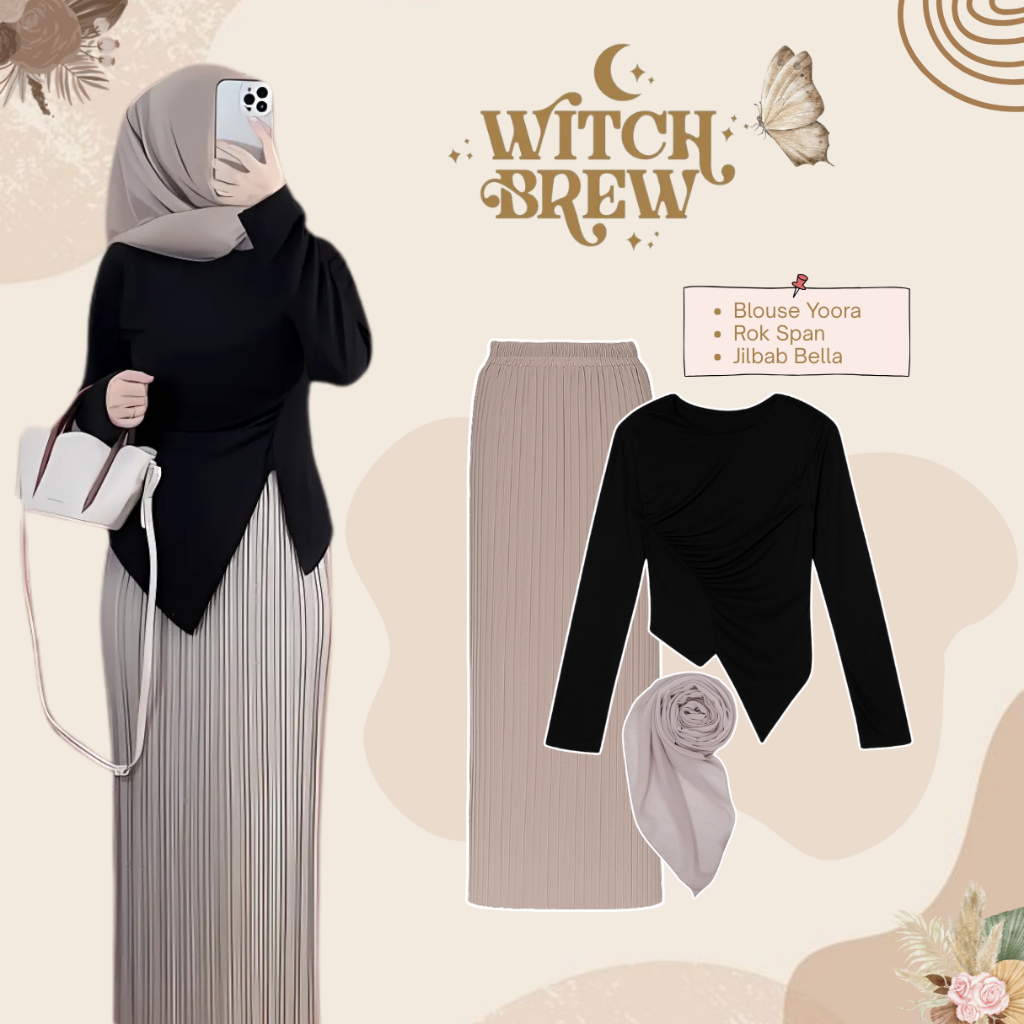 One Set Outfit Hijab Casual (Blouse RIB, Rok Plisket Span, Jilbab Bella) Hangout Simple Style - LW43
