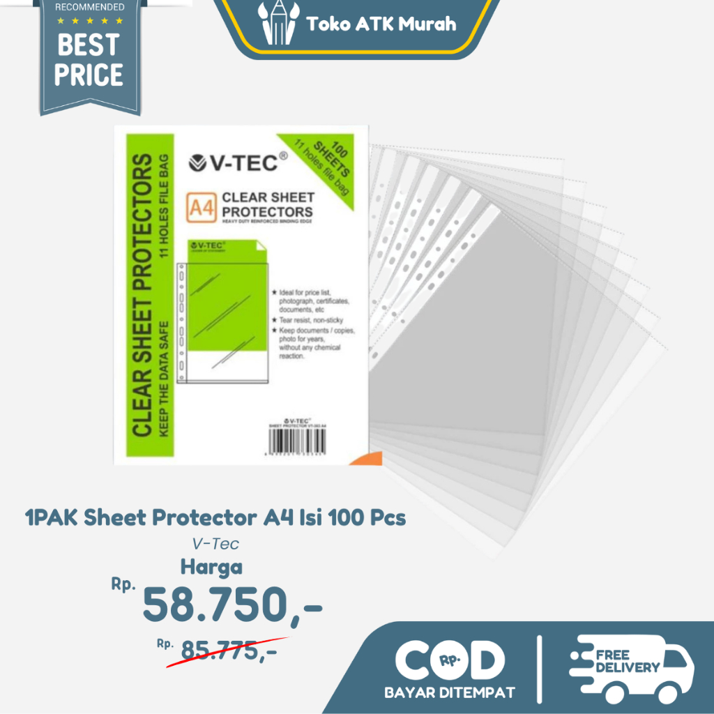 

1PAK Sheet Protector V-Tec A4 Isi 100 Pcs / Map Plastik Dokumen Ordner Binder