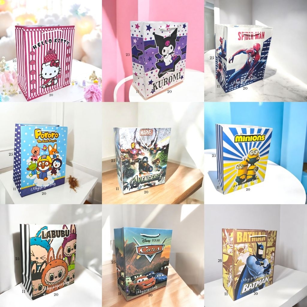 

Paper Bag Kuromi, Hello Kitty, Doraemon, Minion, Spiderman, Cars, Avangers, Pororo Uk 20x25