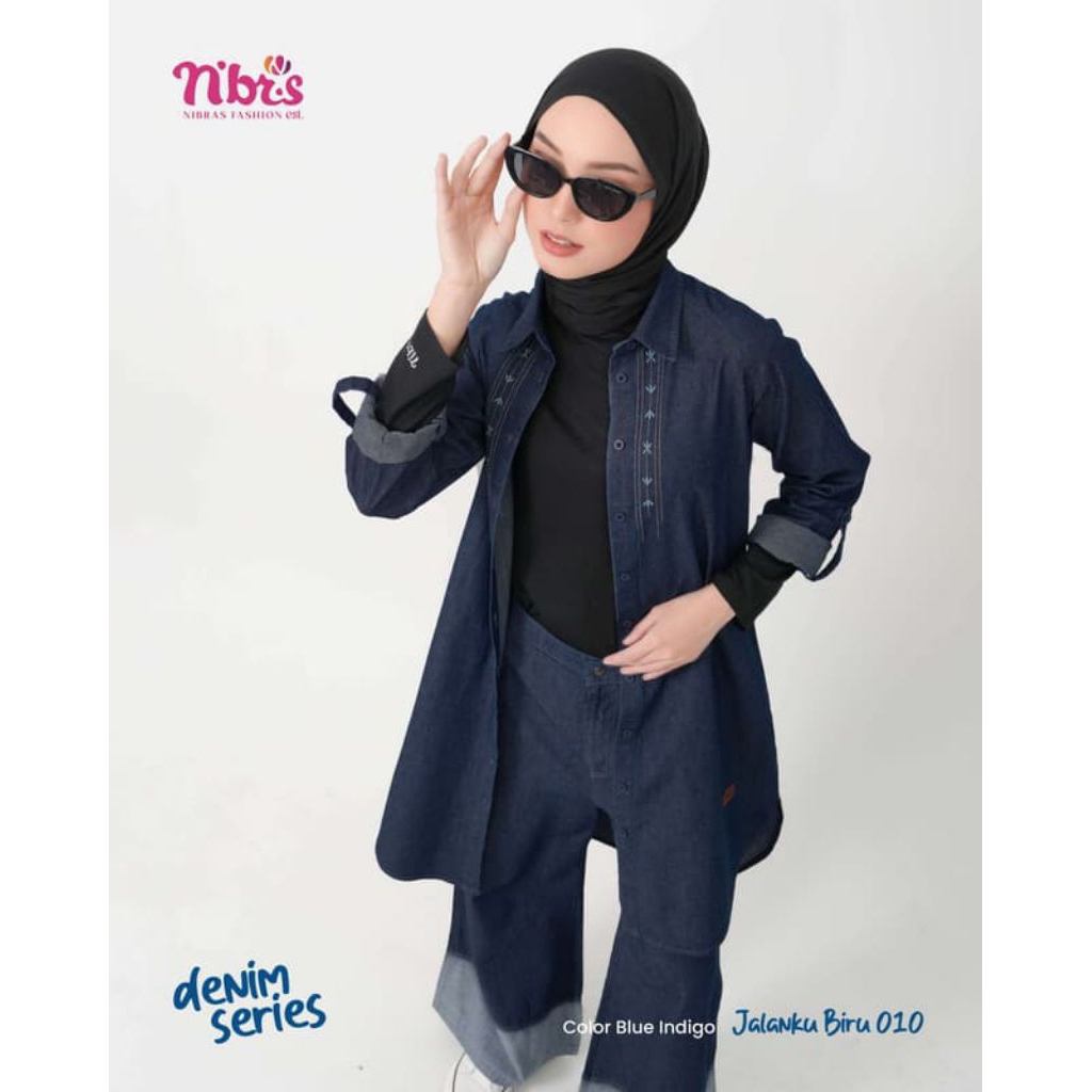 NIBRAS JALANKU BIRU 010 BLUE INDIGO DENIM SERIES BAJU ATASAN TUNIK KEMEJA OUTER JEANS WANITA TERBARU