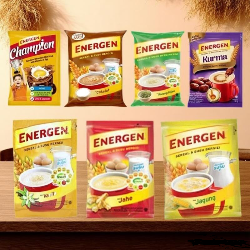

ENERGEN All Varian 1 PCS Sereal dan Susu RENCENG energen KURMA Coklat Vanila Jahe Kacang Hijau Champion