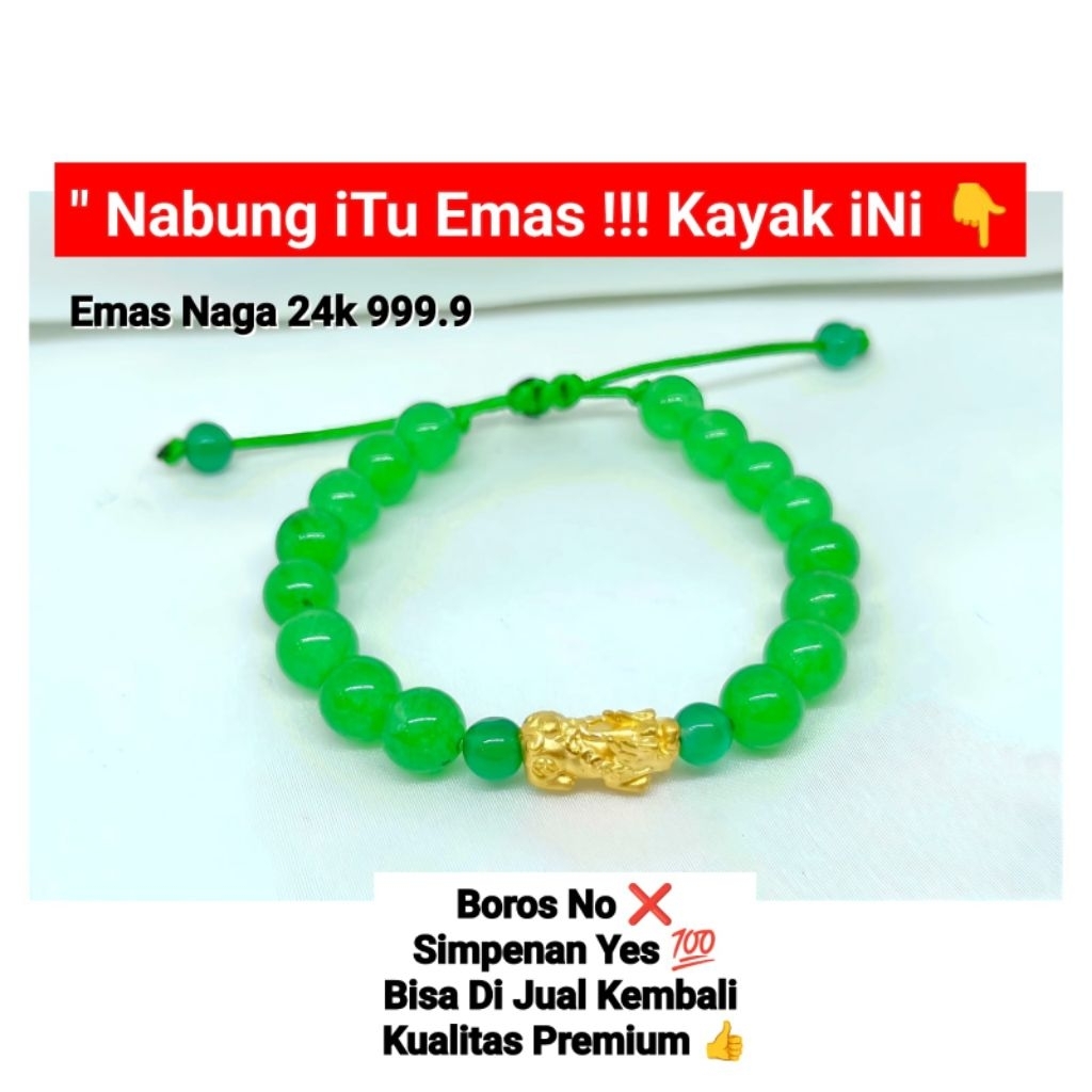 Gelang Emas Asli Naga Pixue 24k Hongkong 999% Tali Batu Giok