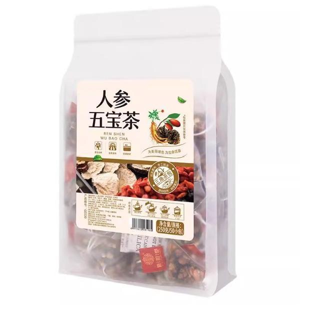 

Teh Ginseng Five Treasure 250g/kantong teh bunga kombinasi kemasan kantong segitiga Ren Shen Wu Bao Cha / Teh Ginseng 50 bag