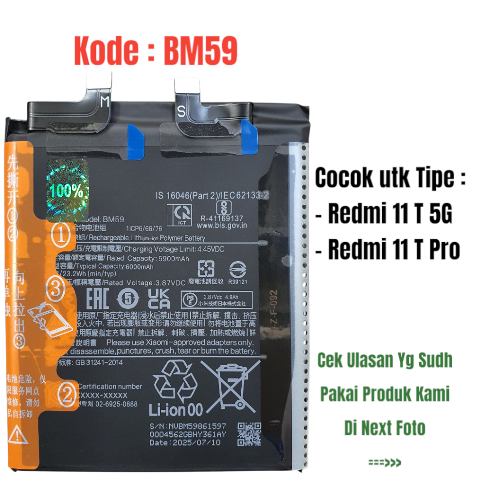 Baterai Original Redmi 11 T 5G / Redmi 11 T Pro / Redmi 11T Pro / Redmi 11T 5G BM59 Batre Battery