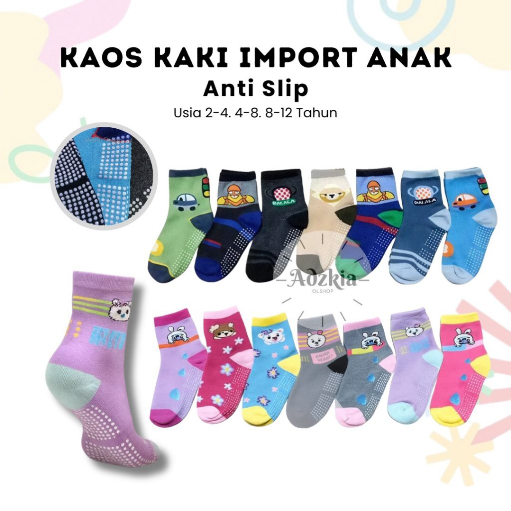 ( Isi 3 Pasang) Kaos kaki Anak Import Anti Slip Usia 2-12 Tahun / Kaos kaki anak TK SD