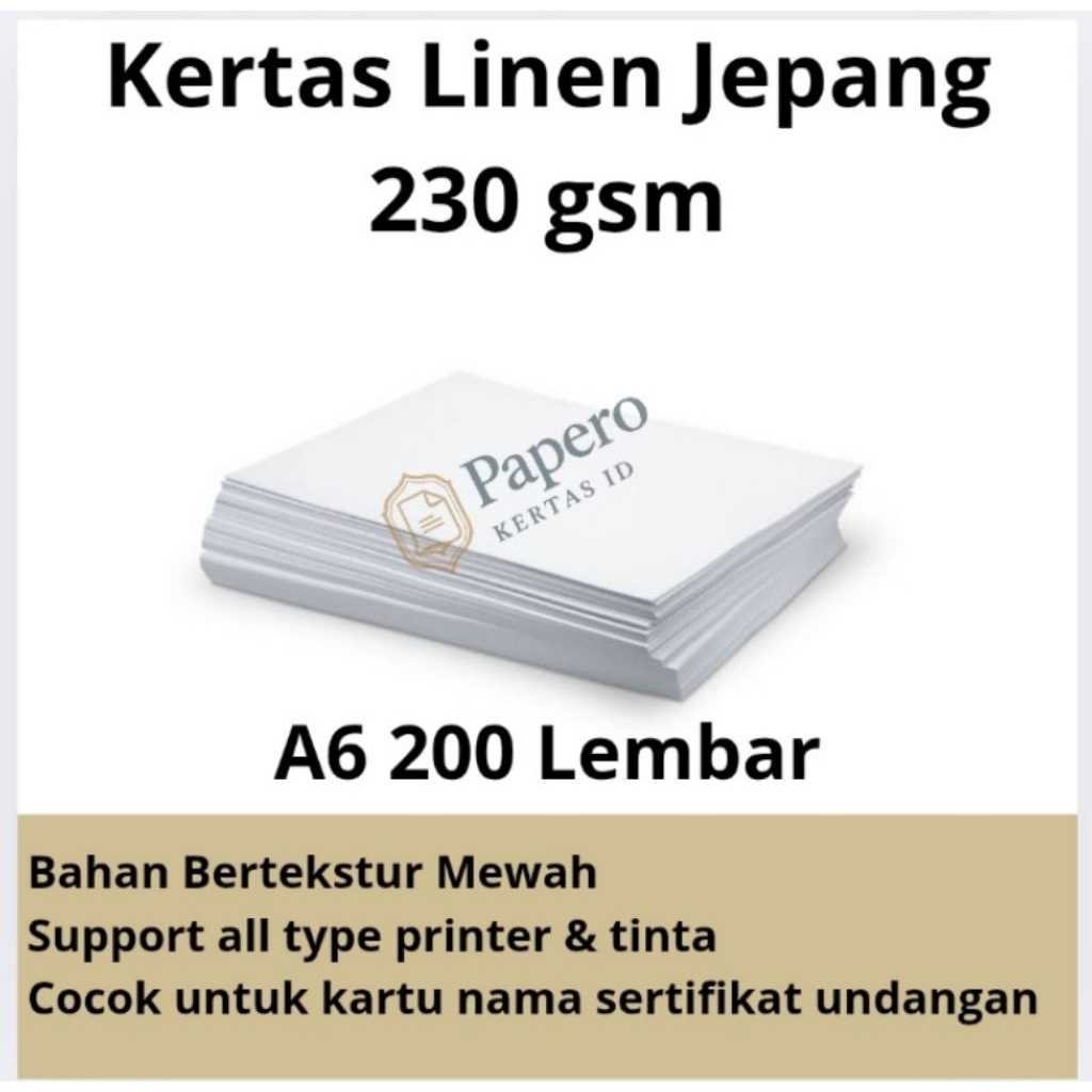 

Kertas Linen 230 gsm Jepang Premium | A6 Isi 200 Lembar - Kertas Undangan, Sertifikat, Kartu Nama.