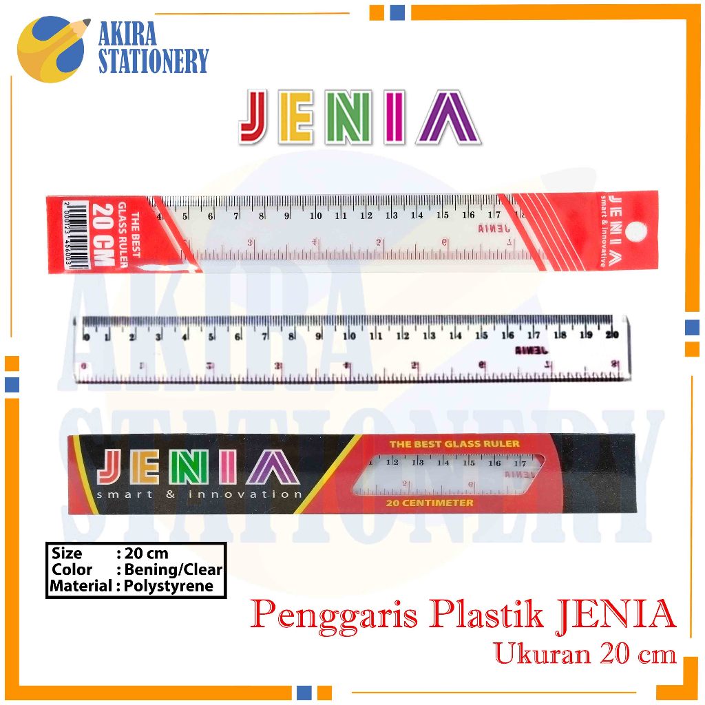 

Penggaris Plastik Mika JENIA 20 cm untuk Peralatan Sekolah / Glass Ruler Jenia 20 sentimeter PAK / Mistar Jenia Panjang 20 cm Per BOX isi 12 Pcs