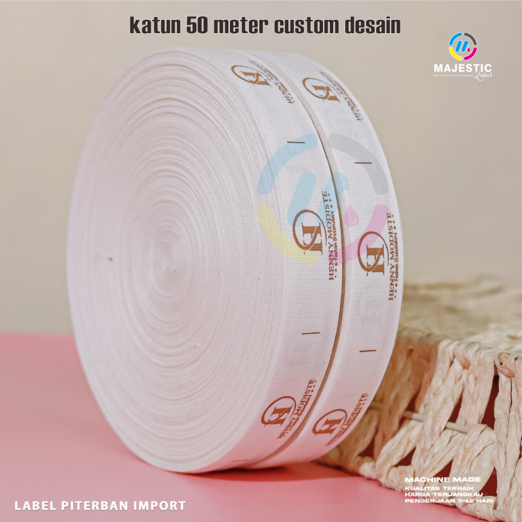 

50 meter, Label baju custom label cotton/ sablon label baju/label kaos,label hijab
