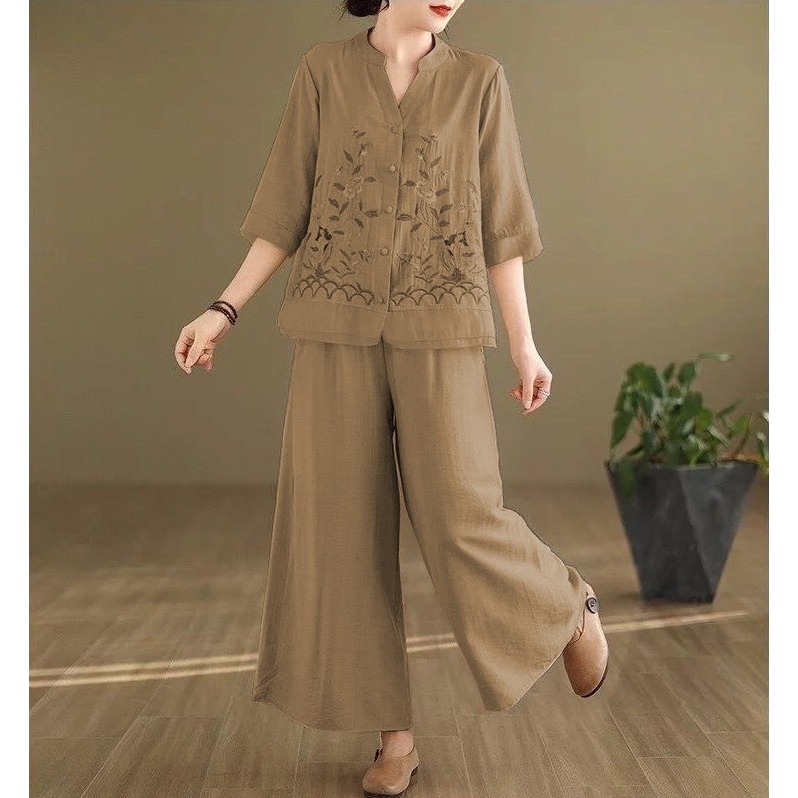 Irene Oneset Bahan Katun Linen Rami Motif Bordir Setelan Blouse Dan Celana Kulot Kekinian