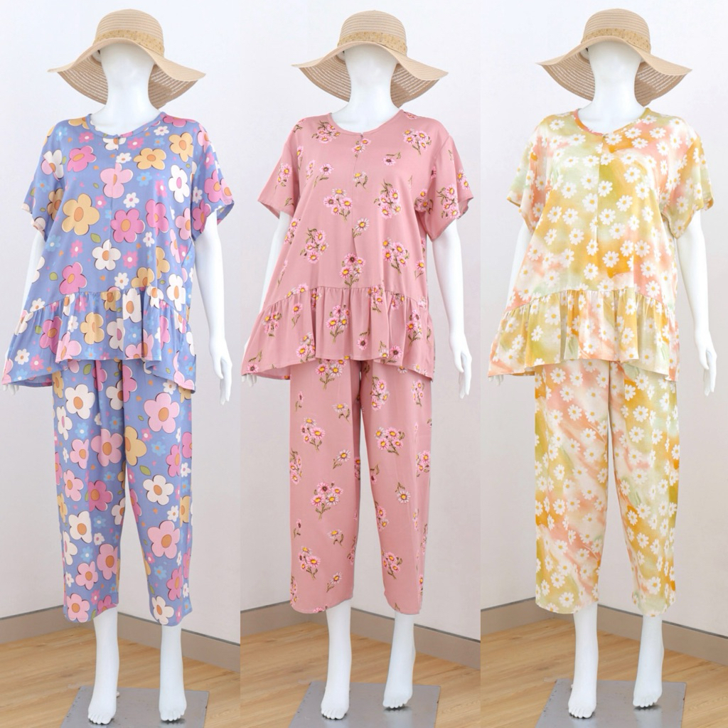 One set Pajamas Ruffle Lengan Pendek, celana panjang / Piyama Busui import / grosir pajamas / piyama