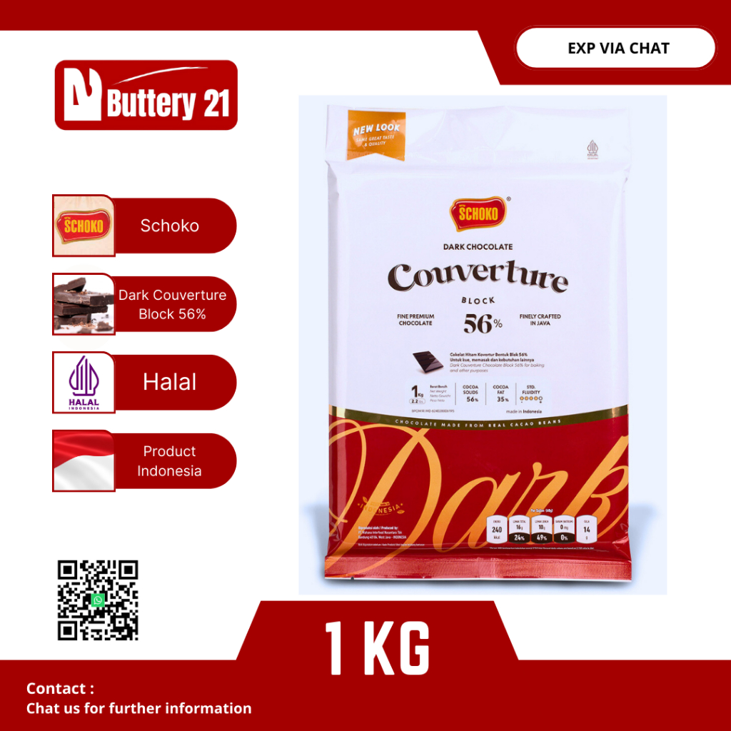 

SCHOKO DARK CHOCOLATE COUVERTURE 56 % BLOCK 1 KG/COKELAT HITAM BLOK/COKELAT BALOK