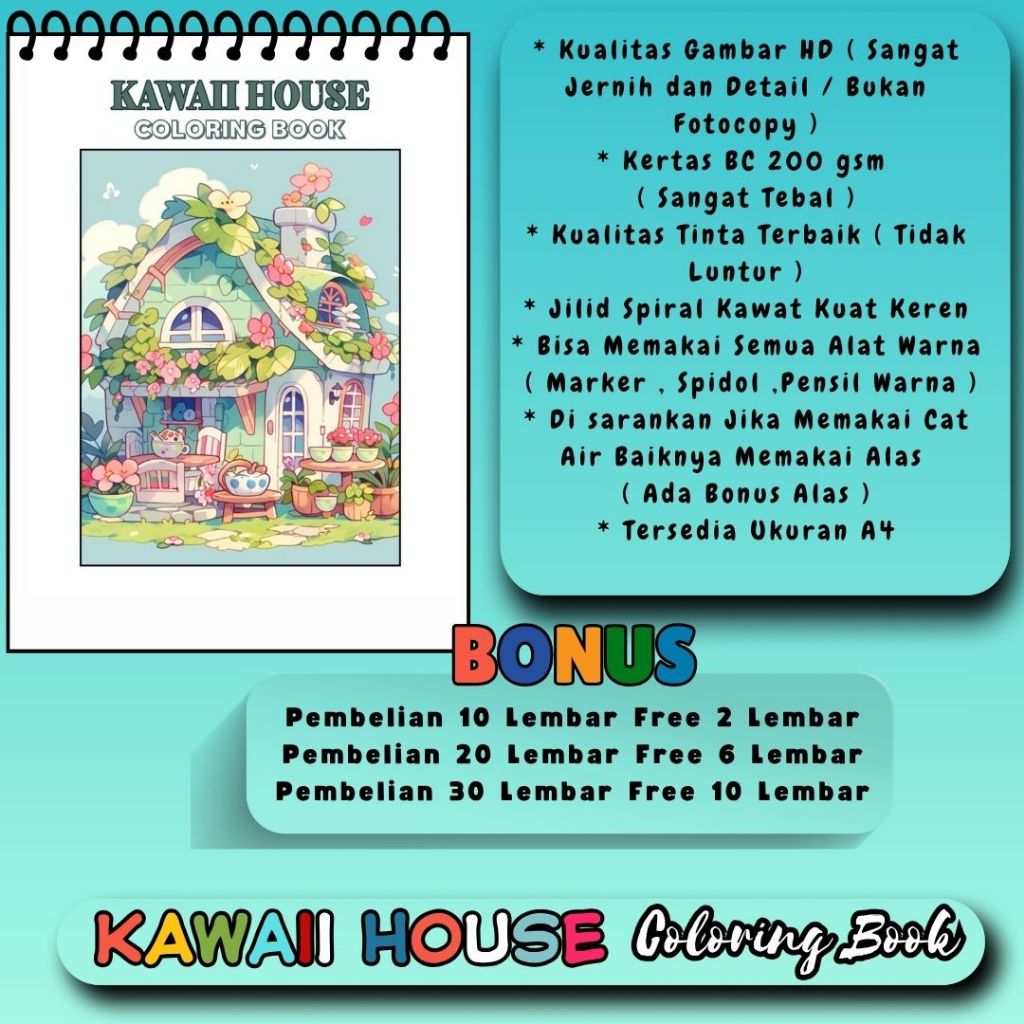 

Coloring Book KAWAII HOUSE Buku Mewarnai Tema Bagus Gambar Jelas Jernih Sudah HD Kertas Premium Tebal 200 gsm Jilid Spiral Kawat Keren