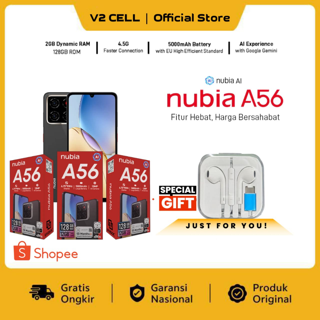 ZTE NUBIA A56 4+12GB, Smartphone Kamera AI 13MP Garansi Resmi  + Free Earphone Nubia