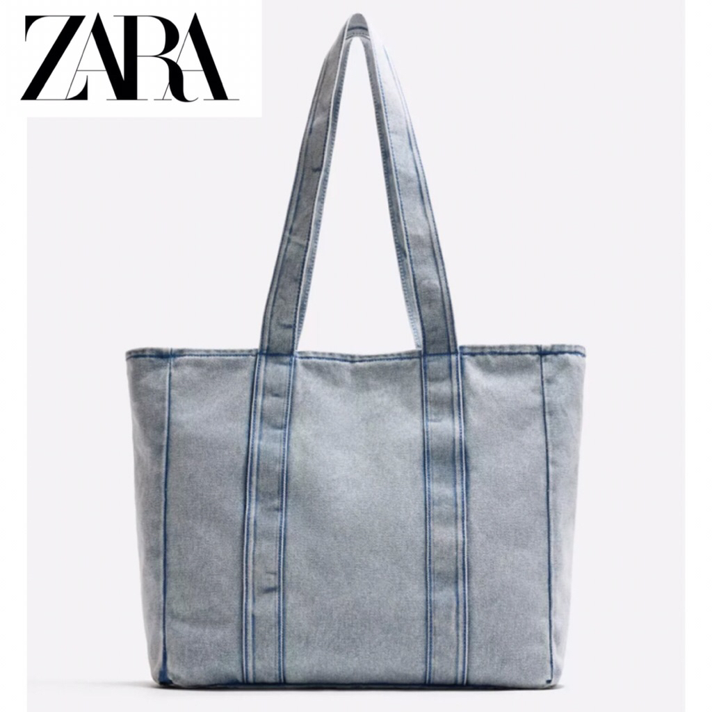 ZARA Men Washed Effect Denim Tote Bag Tas Bahu Pria Blue