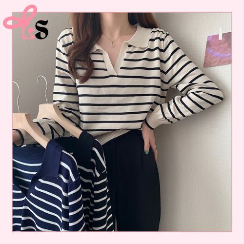 Lovelly Shopping Baju Knitwear Sweater Crop Rajut Sweater Garis Bahan Rajut CropTop Lengan Panjang B